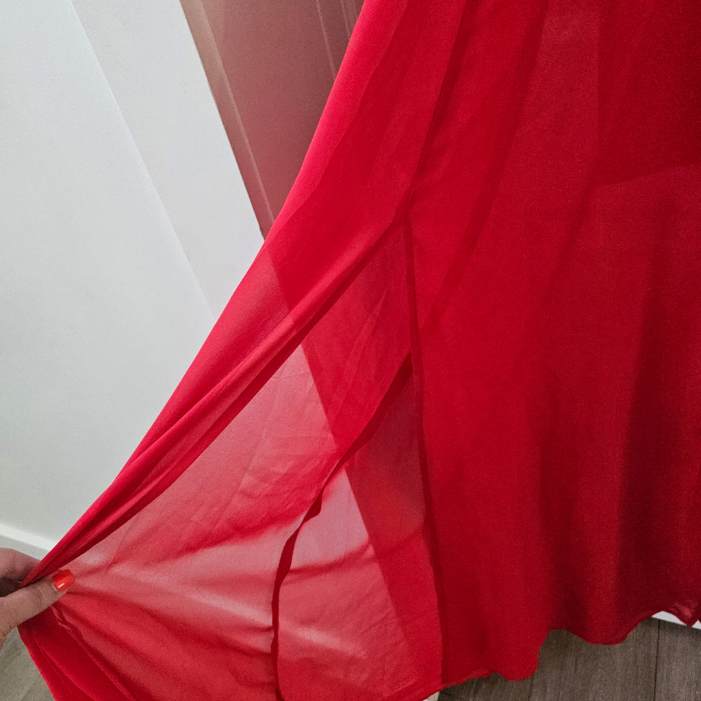 Red Floor Length Express Halter Top Dress